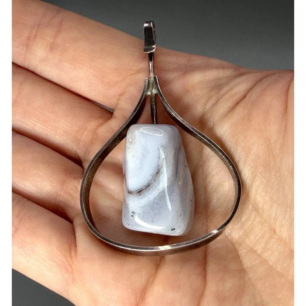 Asbjørn Birkelund Norway 925 Sterling Silver Agate Modernist Pendant Vtg 1960s
